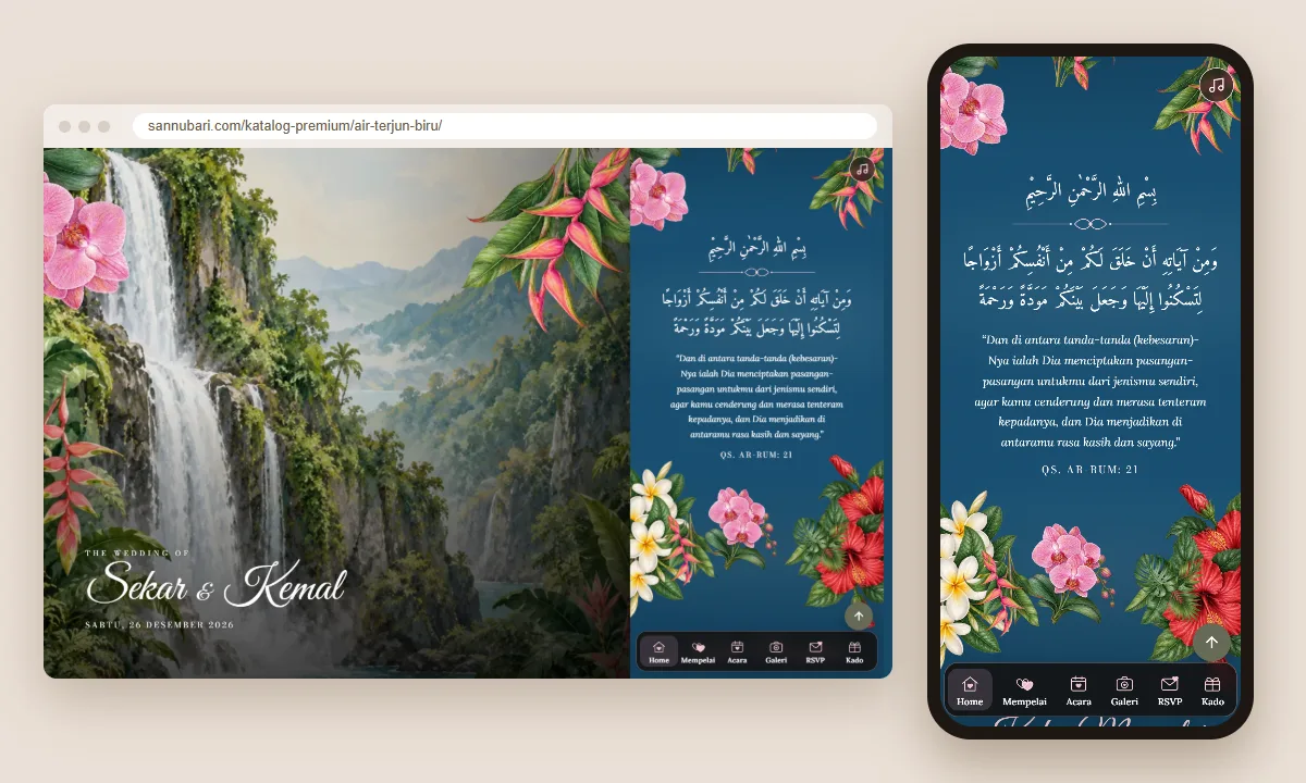 Tangkapan layar tema undangan premium Air Terjun Biru Sannubari, bagian kutipan pembuka, di layar desktop dan ponsel