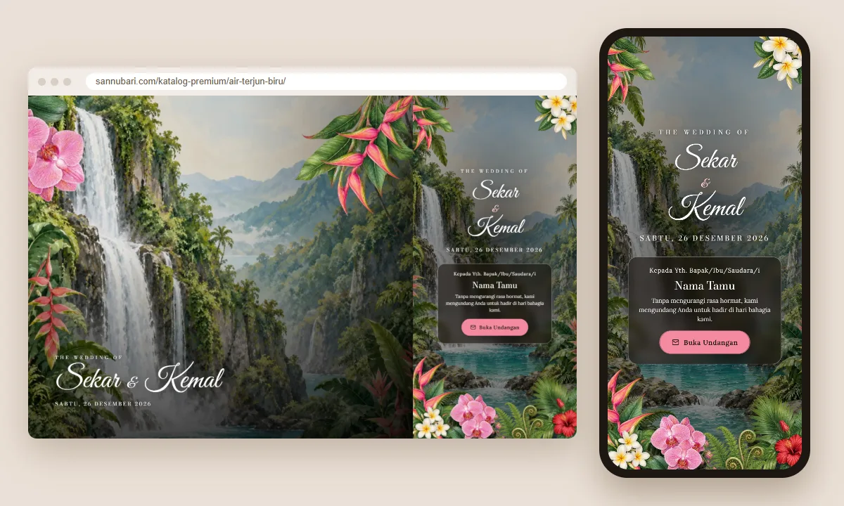 Tangkapan layar tema undangan premium Air Terjun Biru Sannubari, bagian sampul pembuka dengan nama tamu, di layar desktop dan ponsel