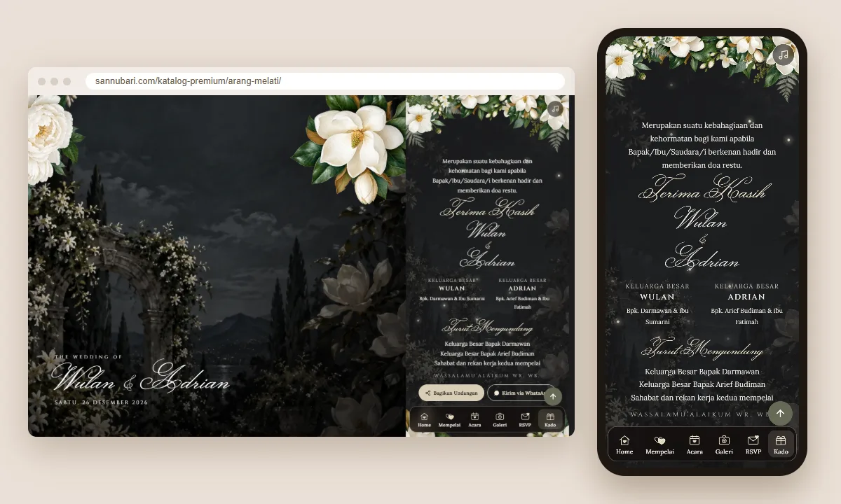 Tangkapan layar tema undangan premium Arang Melati Sannubari, bagian penutup undangan, di layar desktop dan ponsel