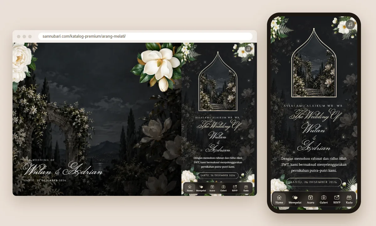 Tangkapan layar tema undangan premium Arang Melati Sannubari, bagian salam pembuka sesudah undangan dibuka, di layar desktop dan ponsel