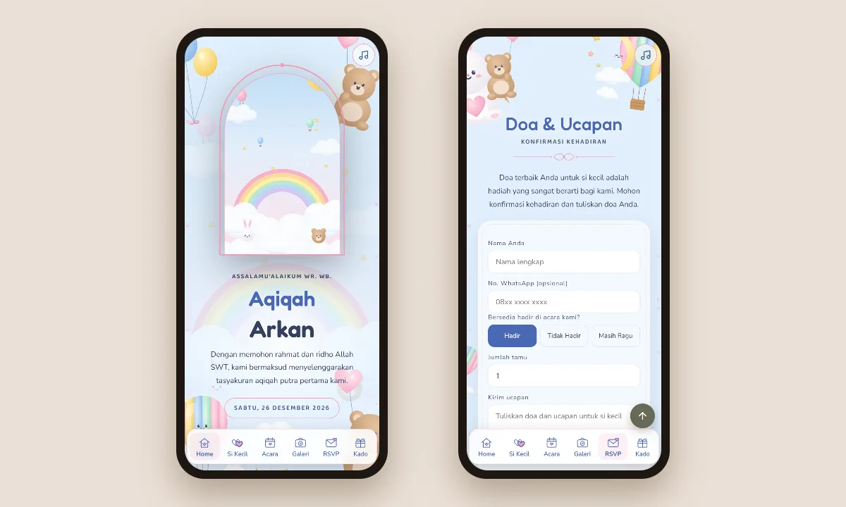 Tangkapan layar tema undangan aqiqah premium Awan Ceria Sannubari, bagian salam pembuka sesudah undangan dibuka serta formulir konfirmasi kehadiran (RSVP) dan ucapan, di dua layar ponsel