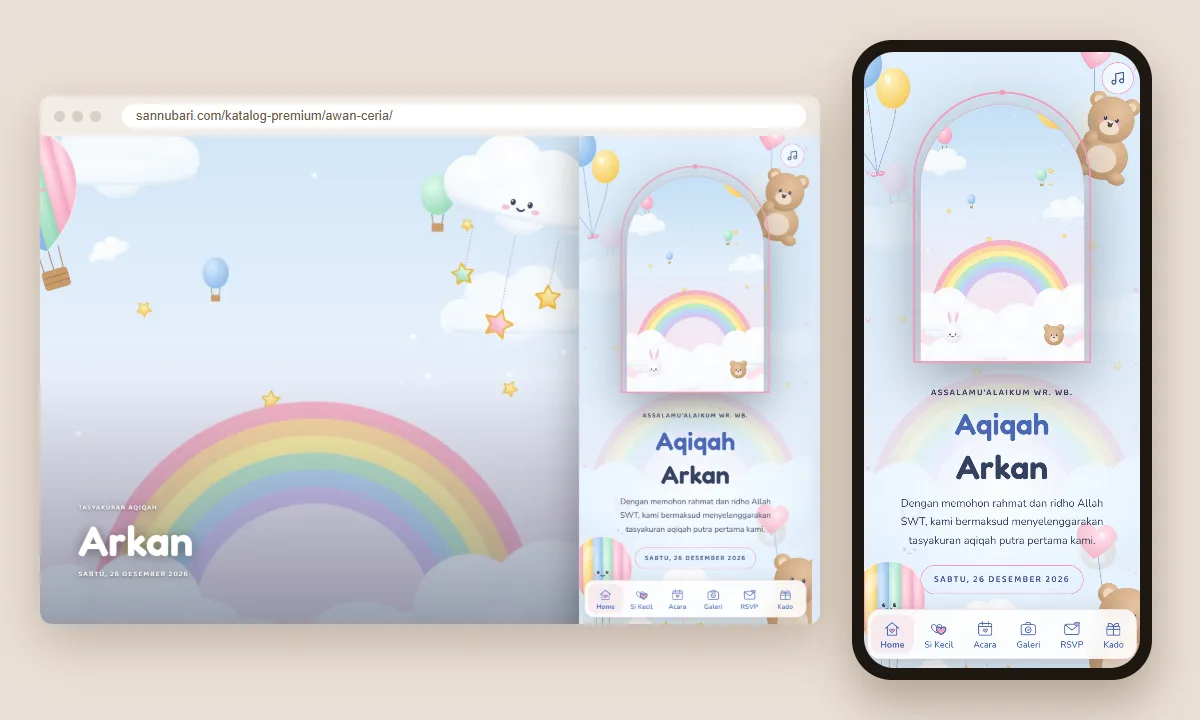 Tangkapan layar tema undangan aqiqah premium Awan Ceria Sannubari, bagian salam pembuka sesudah undangan dibuka, di layar desktop dan ponsel