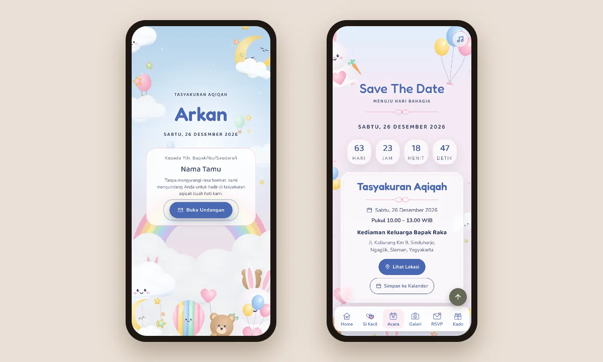 Tangkapan layar tema undangan aqiqah premium Awan Ceria Sannubari, bagian sampul pembuka dengan nama tamu serta hitung mundur dan detail acara, di dua layar ponsel