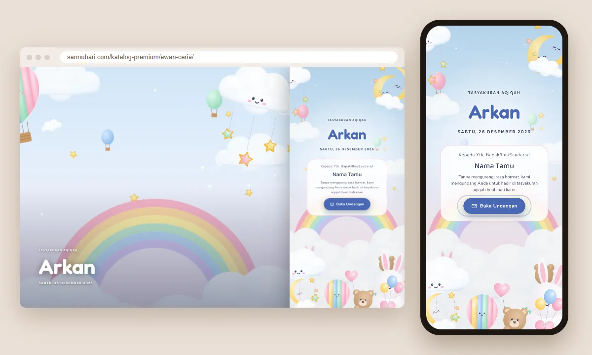 Tangkapan layar tema undangan aqiqah premium Awan Ceria Sannubari, bagian sampul pembuka dengan nama tamu, di layar desktop dan ponsel