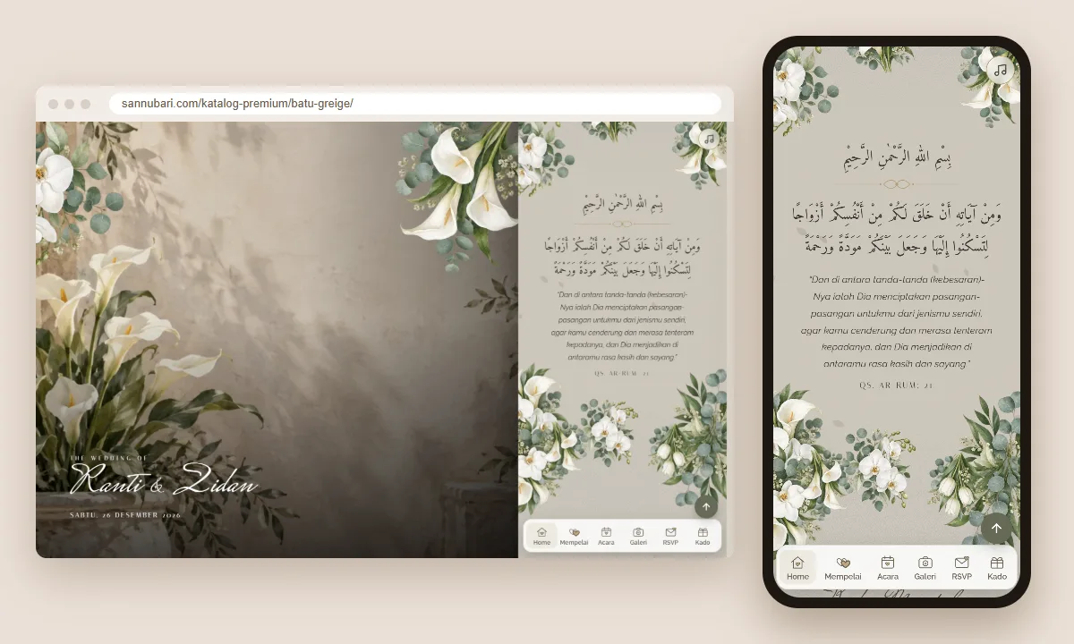 Tangkapan layar tema undangan premium Batu Greige Sannubari, bagian kutipan pembuka, di layar desktop dan ponsel