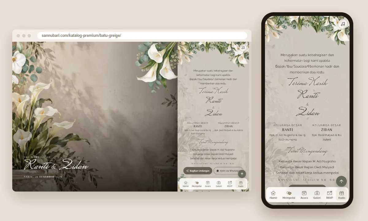 Tangkapan layar tema undangan premium Batu Greige Sannubari, bagian penutup undangan, di layar desktop dan ponsel
