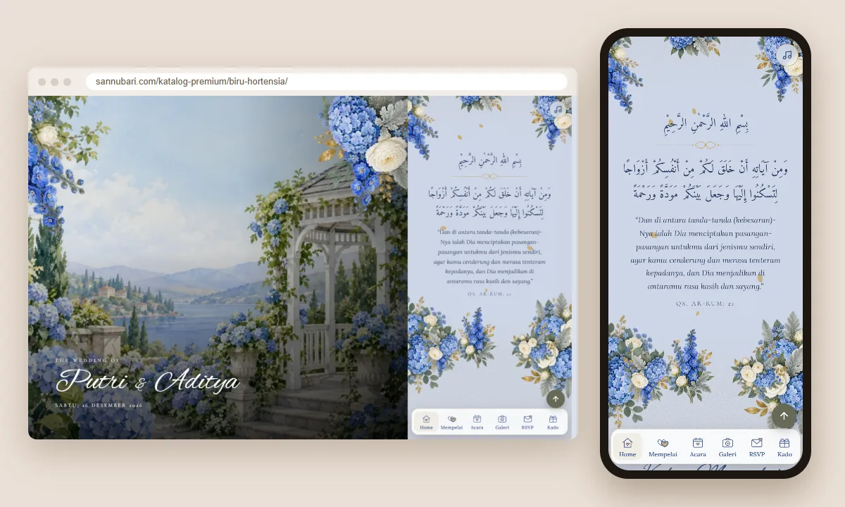 Tangkapan layar tema undangan premium Biru Hortensia Sannubari, bagian kutipan pembuka, di layar desktop dan ponsel