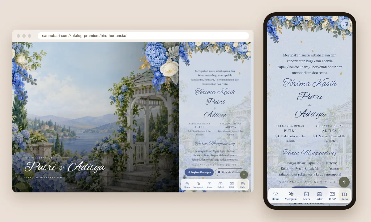 Tangkapan layar tema undangan premium Biru Hortensia Sannubari, bagian penutup undangan, di layar desktop dan ponsel