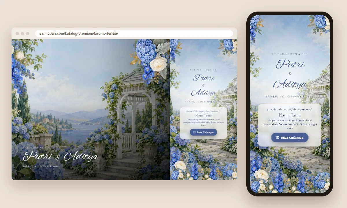 Tangkapan layar tema undangan premium Biru Hortensia Sannubari, bagian sampul pembuka dengan nama tamu, di layar desktop dan ponsel