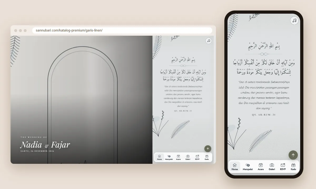 Tangkapan layar tema undangan premium Garis Linen Sannubari, bagian kutipan pembuka, di layar desktop dan ponsel