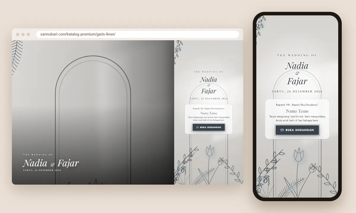 Tangkapan layar tema undangan premium Garis Linen Sannubari, bagian sampul pembuka dengan nama tamu, di layar desktop dan ponsel