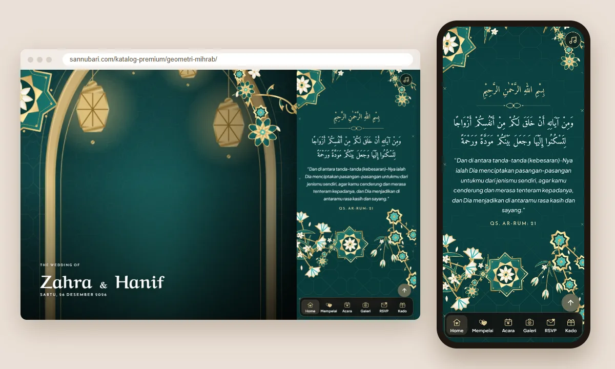 Tangkapan layar tema undangan premium Geometri Mihrab Sannubari, bagian kutipan pembuka, di layar desktop dan ponsel