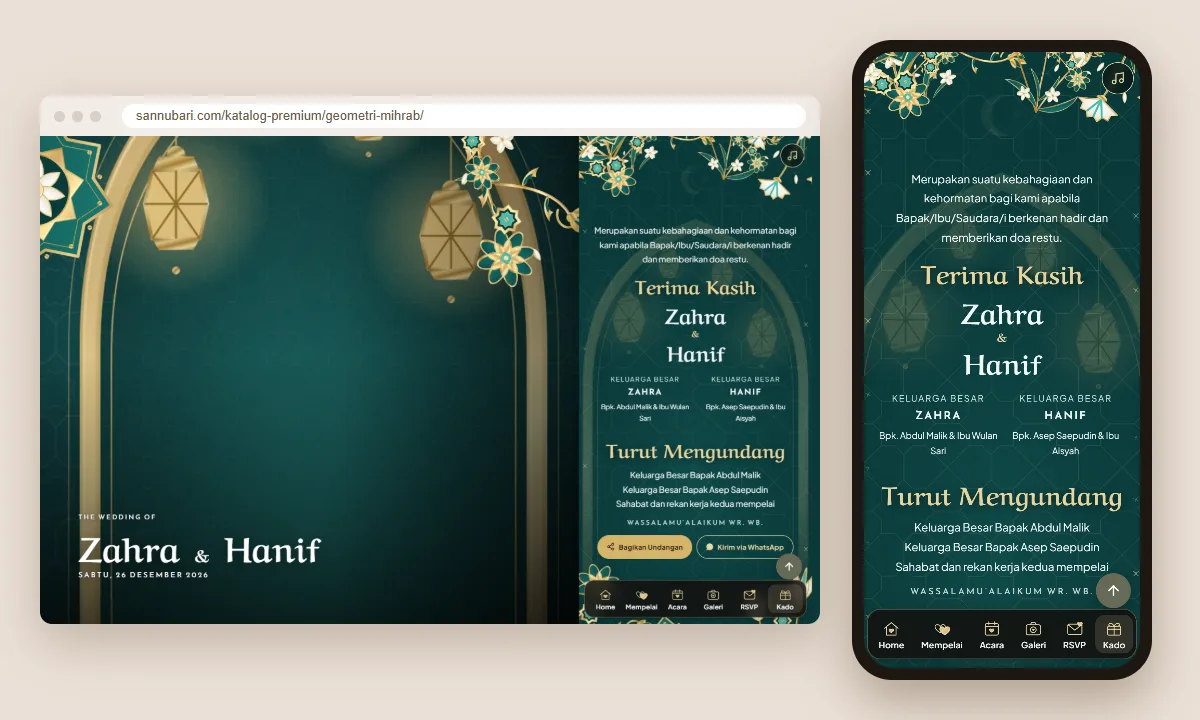 Tangkapan layar tema undangan premium Geometri Mihrab Sannubari, bagian penutup undangan, di layar desktop dan ponsel
