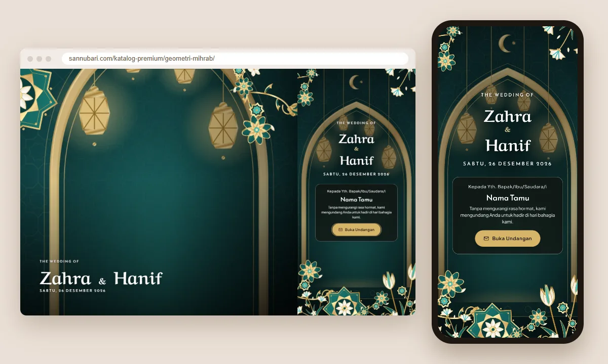 Tangkapan layar tema undangan premium Geometri Mihrab Sannubari, bagian sampul pembuka dengan nama tamu, di layar desktop dan ponsel