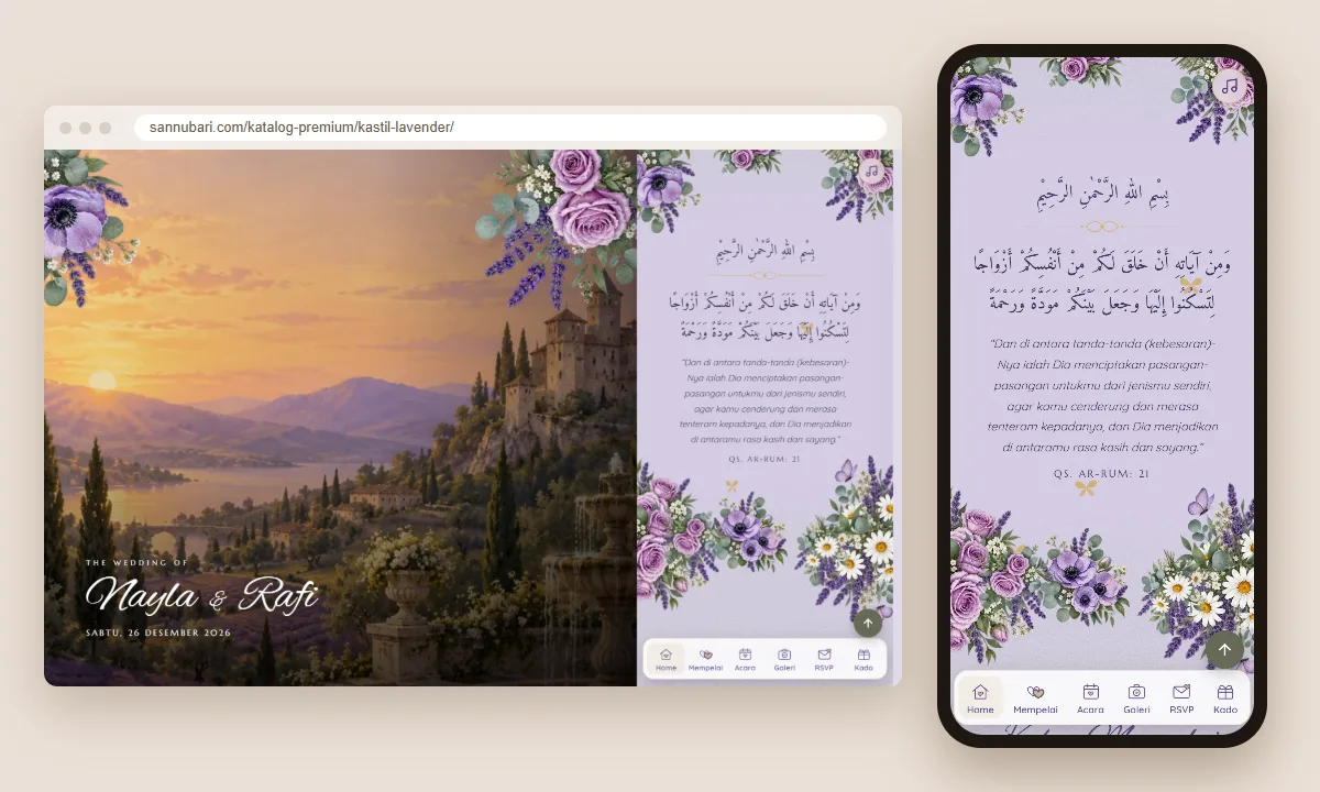 Tangkapan layar tema undangan premium Kastil Lavender Sannubari, bagian kutipan pembuka, di layar desktop dan ponsel