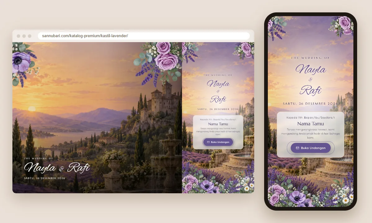 Tangkapan layar tema undangan premium Kastil Lavender Sannubari, bagian sampul pembuka dengan nama tamu, di layar desktop dan ponsel