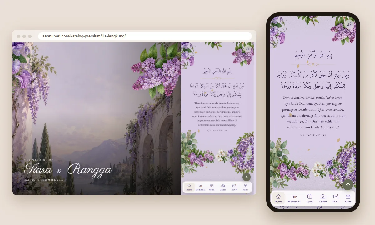 Tangkapan layar tema undangan premium Lila Lengkung Sannubari, bagian kutipan pembuka, di layar desktop dan ponsel