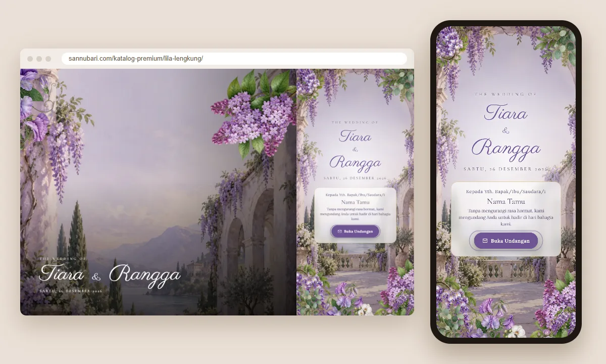 Tangkapan layar tema undangan premium Lila Lengkung Sannubari, bagian sampul pembuka dengan nama tamu, di layar desktop dan ponsel