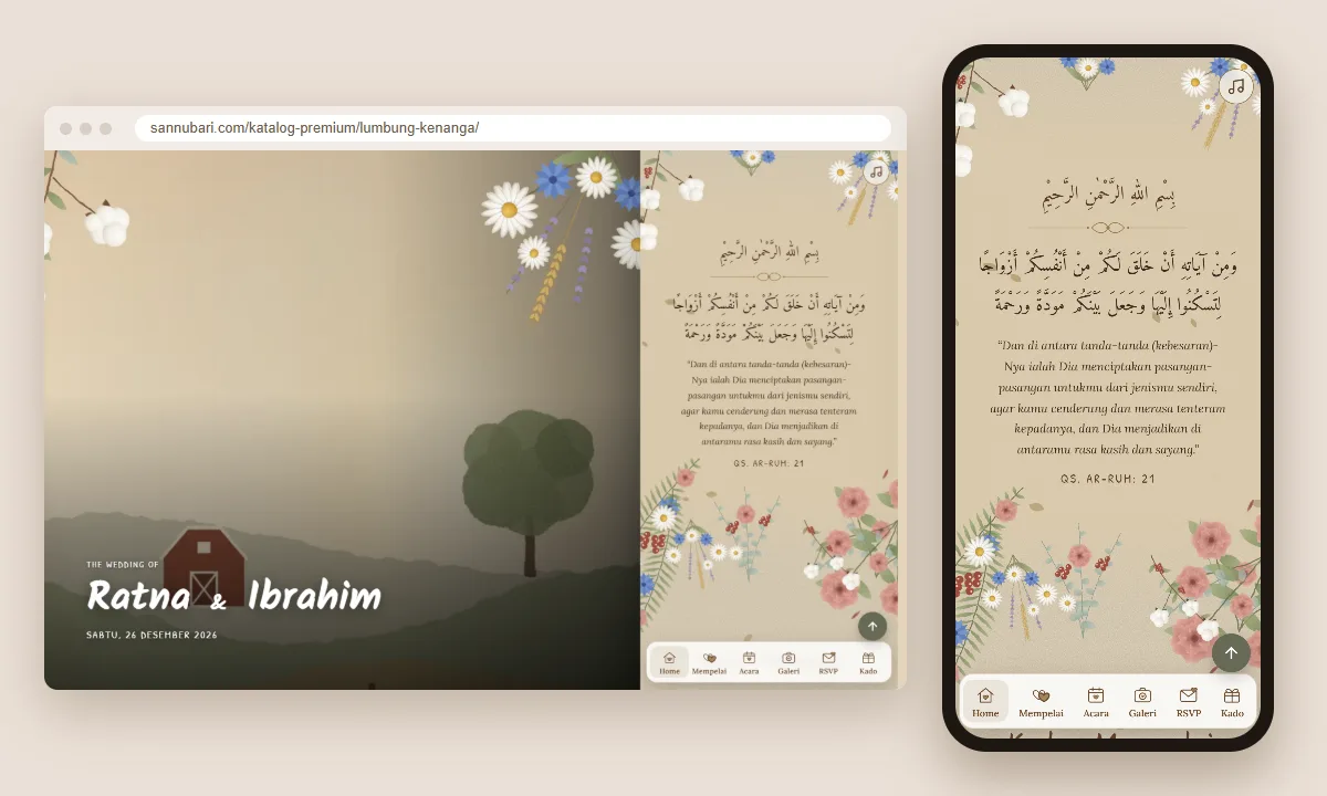 Tangkapan layar tema undangan premium Lumbung Kenanga Sannubari, bagian kutipan pembuka, di layar desktop dan ponsel