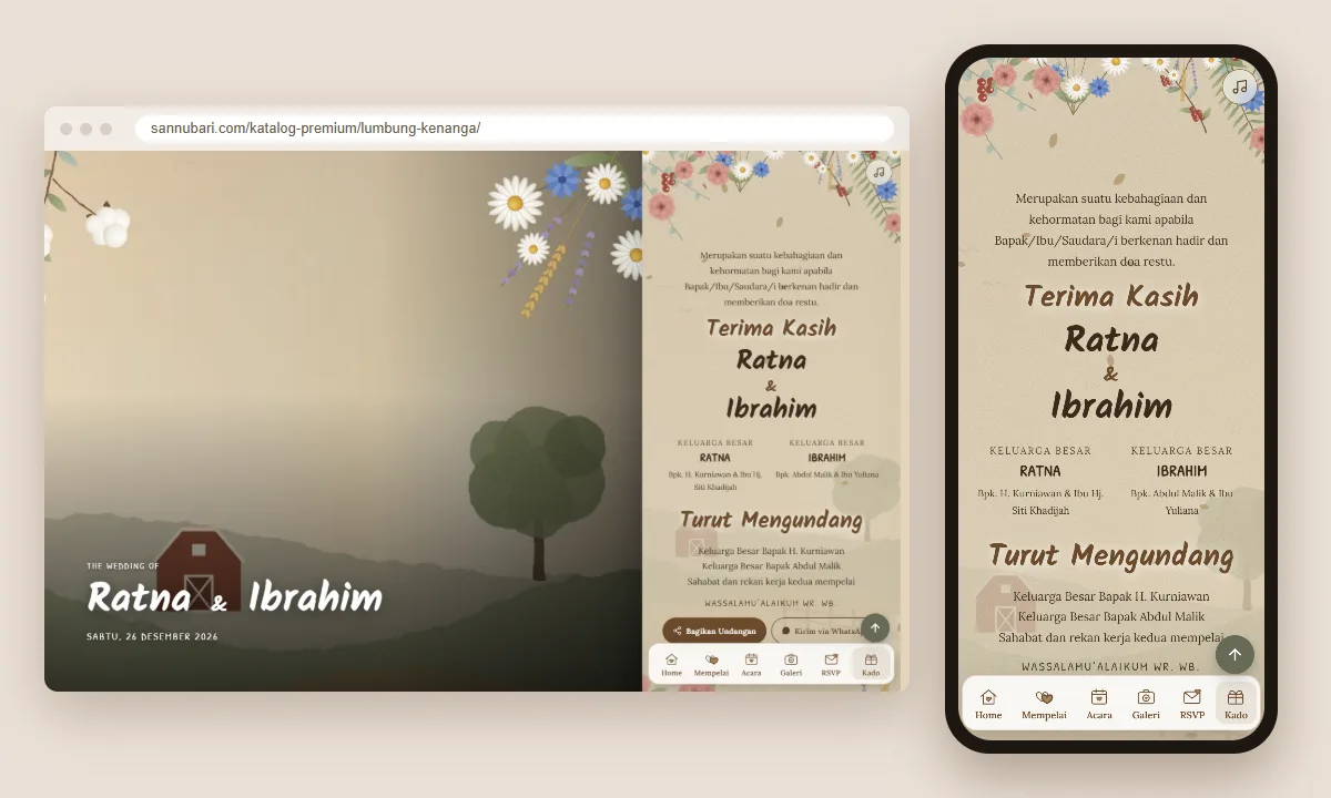 Tangkapan layar tema undangan premium Lumbung Kenanga Sannubari, bagian penutup undangan, di layar desktop dan ponsel