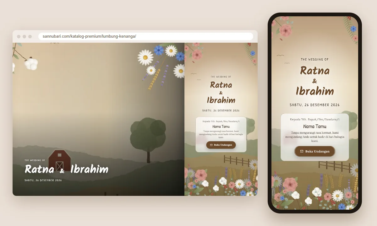 Tangkapan layar tema undangan premium Lumbung Kenanga Sannubari, bagian sampul pembuka dengan nama tamu, di layar desktop dan ponsel
