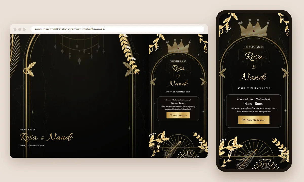 Tangkapan layar tema undangan premium Mahkota Emas Sannubari, bagian sampul pembuka dengan nama tamu, di layar desktop dan ponsel