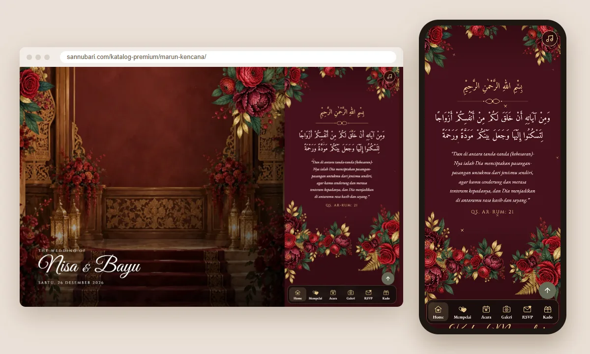 Tangkapan layar tema undangan premium Marun Kencana Sannubari, bagian kutipan pembuka, di layar desktop dan ponsel