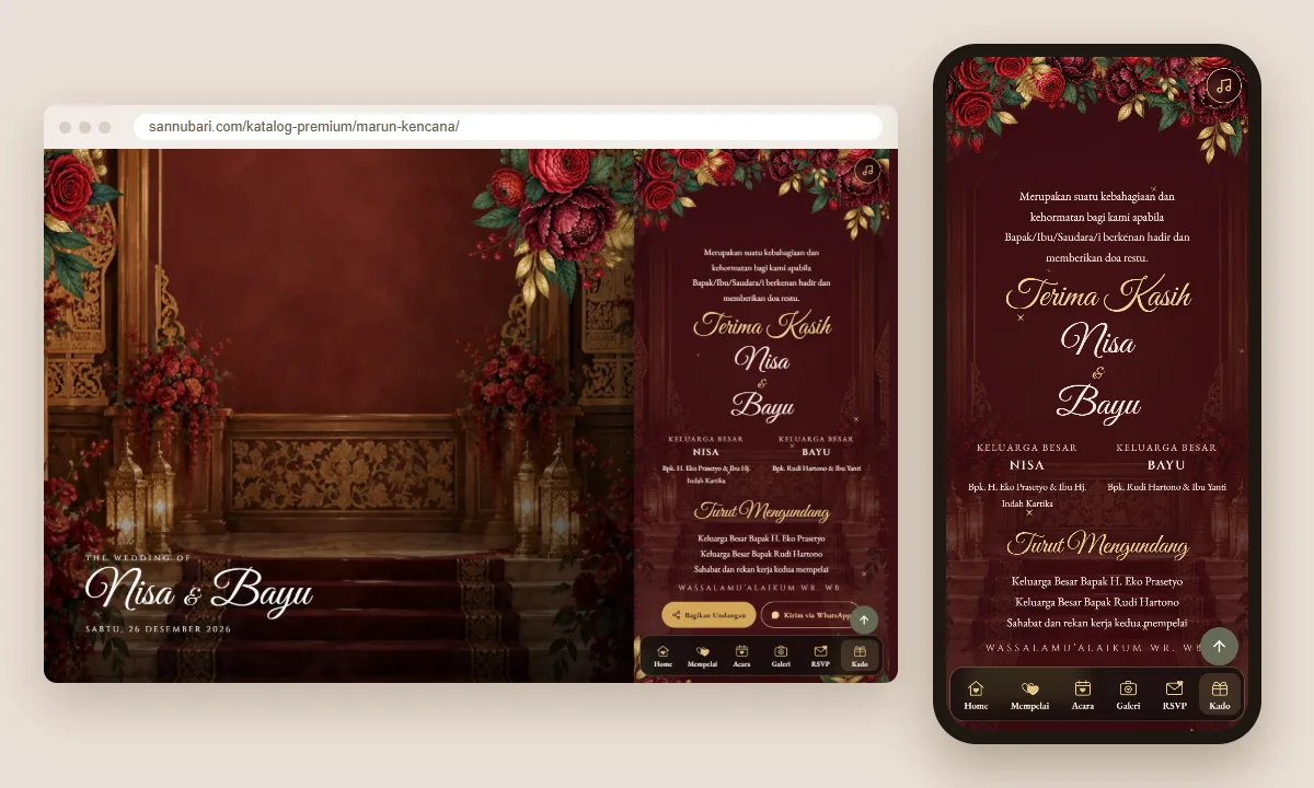 Tangkapan layar tema undangan premium Marun Kencana Sannubari, bagian penutup undangan, di layar desktop dan ponsel