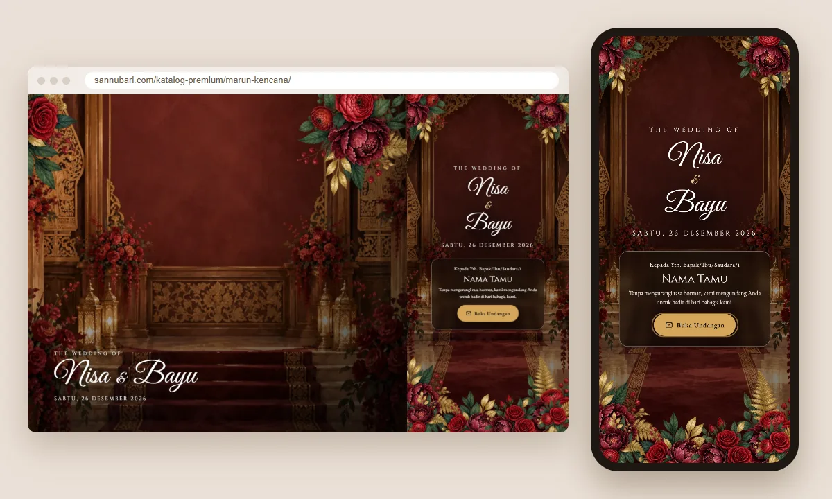 Tangkapan layar tema undangan premium Marun Kencana Sannubari, bagian sampul pembuka dengan nama tamu, di layar desktop dan ponsel