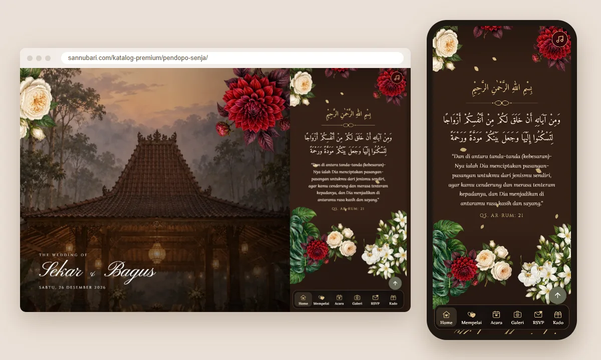 Tangkapan layar tema undangan premium Pendopo Senja Sannubari, bagian kutipan pembuka, di layar desktop dan ponsel