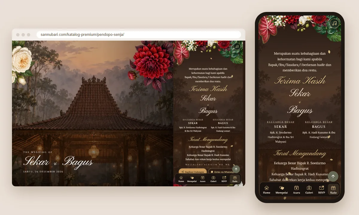Tangkapan layar tema undangan premium Pendopo Senja Sannubari, bagian penutup undangan, di layar desktop dan ponsel