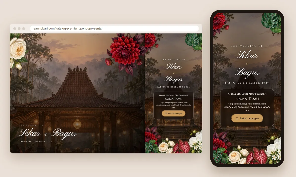 Tangkapan layar tema undangan premium Pendopo Senja Sannubari, bagian sampul pembuka dengan nama tamu, di layar desktop dan ponsel