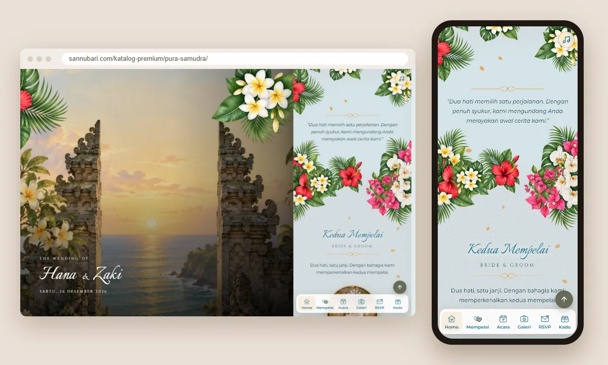 Tangkapan layar tema undangan premium Pura Samudra Sannubari, bagian kutipan pembuka, di layar desktop dan ponsel