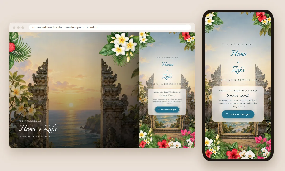 Tangkapan layar tema undangan premium Pura Samudra Sannubari, bagian sampul pembuka dengan nama tamu, di layar desktop dan ponsel