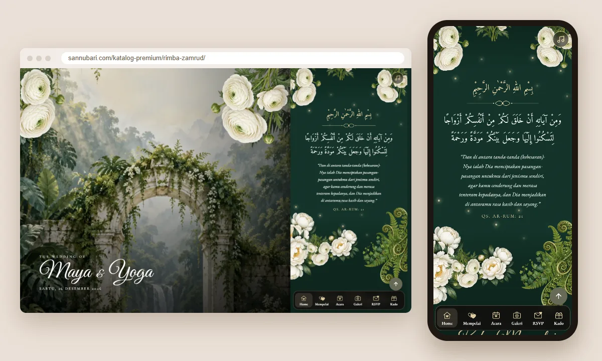 Tangkapan layar tema undangan premium Rimba Zamrud Sannubari, bagian kutipan pembuka, di layar desktop dan ponsel