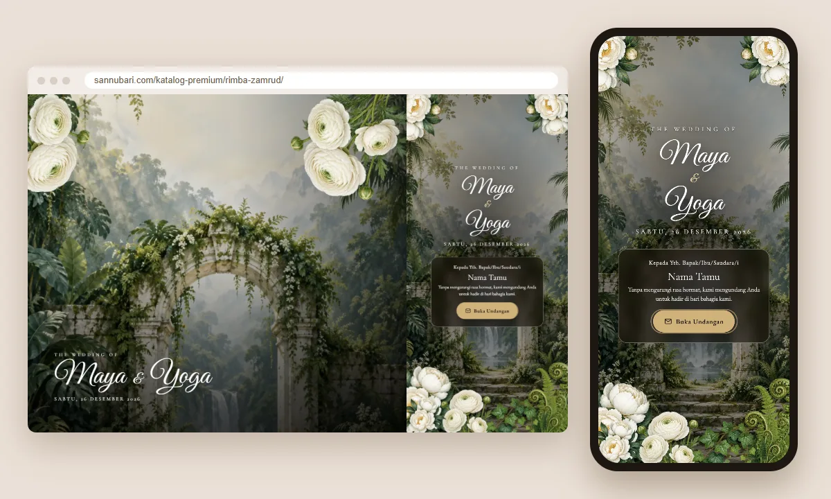 Tangkapan layar tema undangan premium Rimba Zamrud Sannubari, bagian sampul pembuka dengan nama tamu, di layar desktop dan ponsel