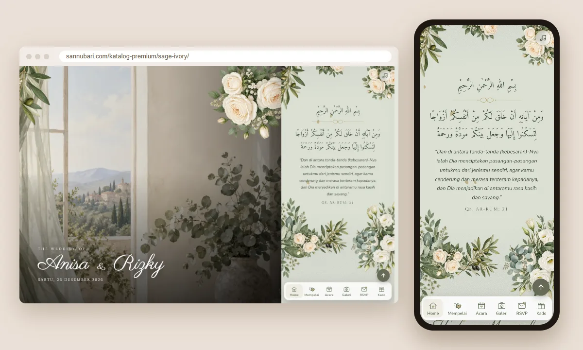 Tangkapan layar tema undangan premium Sage Ivory Sannubari, bagian kutipan pembuka, di layar desktop dan ponsel