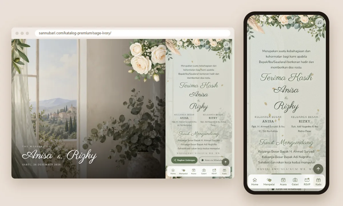 Tangkapan layar tema undangan premium Sage Ivory Sannubari, bagian penutup undangan, di layar desktop dan ponsel