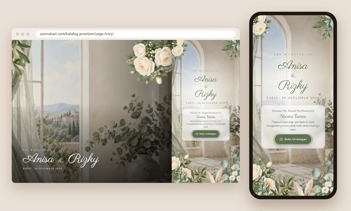 Tangkapan layar tema undangan premium Sage Ivory Sannubari, bagian sampul pembuka dengan nama tamu, di layar desktop dan ponsel
