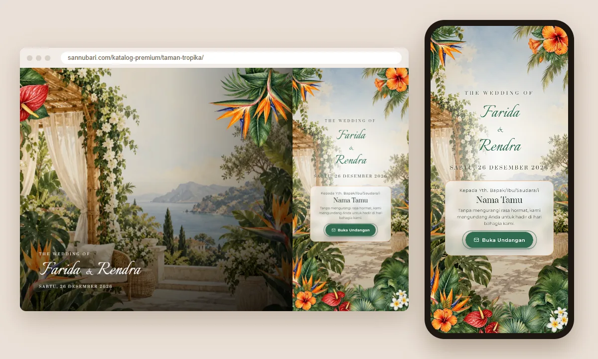 Tangkapan layar tema undangan premium Taman Tropika Sannubari, bagian sampul pembuka dengan nama tamu, di layar desktop dan ponsel