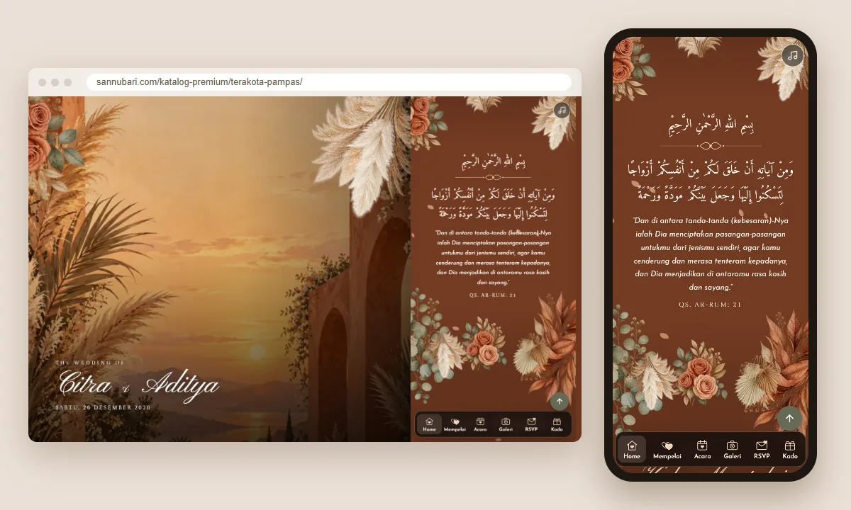 Tangkapan layar tema undangan premium Terakota Pampas Sannubari, bagian kutipan pembuka, di layar desktop dan ponsel