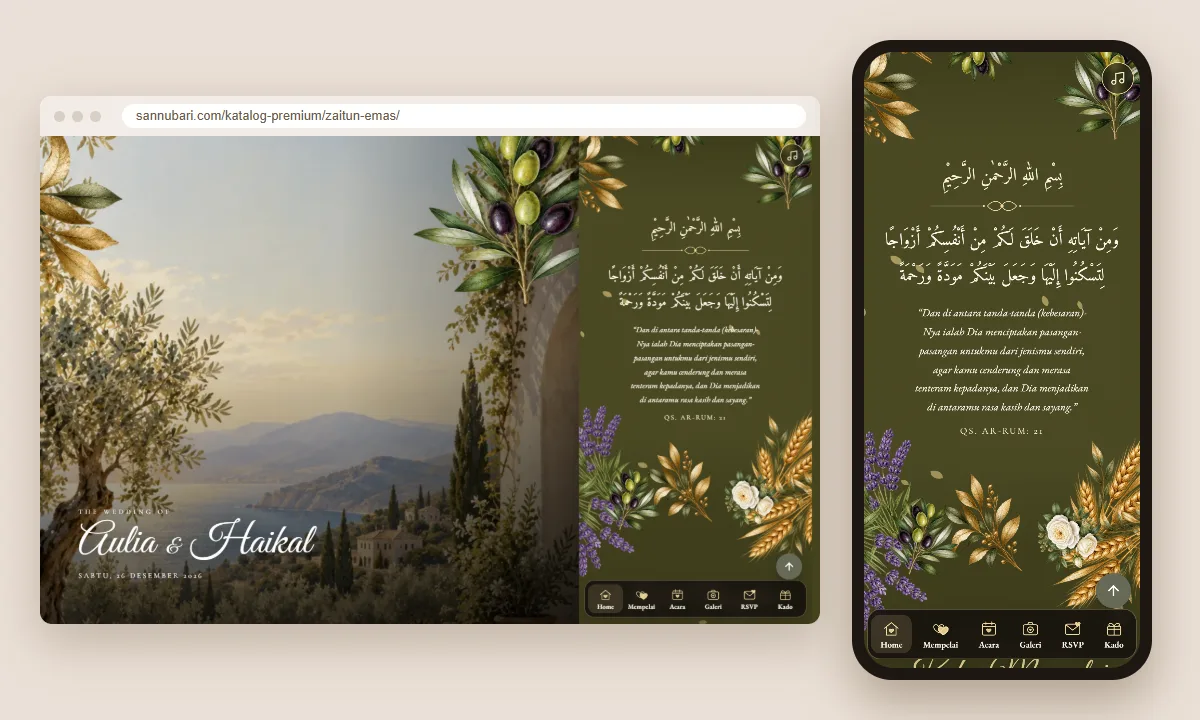 Tangkapan layar tema undangan premium Zaitun Emas Sannubari, bagian kutipan pembuka, di layar desktop dan ponsel