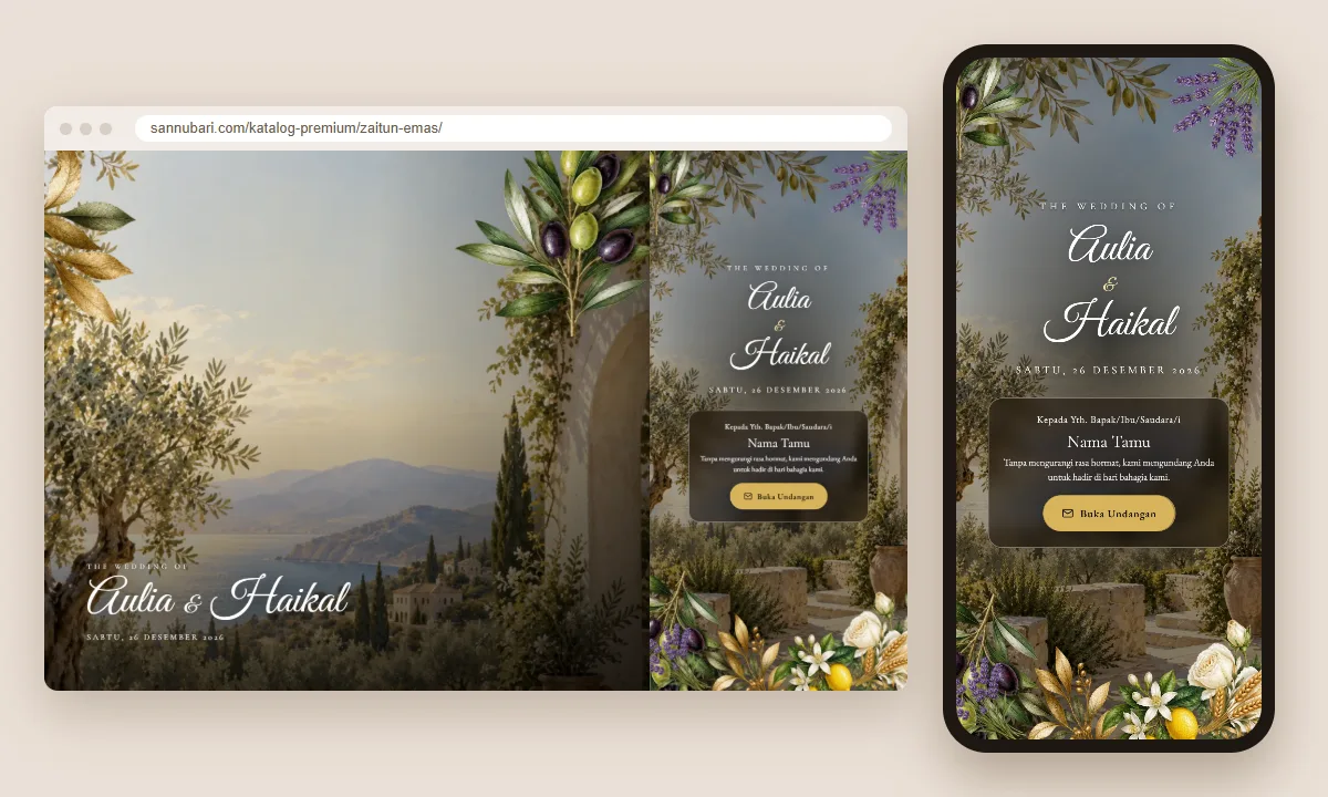 Tangkapan layar tema undangan premium Zaitun Emas Sannubari, bagian sampul pembuka dengan nama tamu, di layar desktop dan ponsel