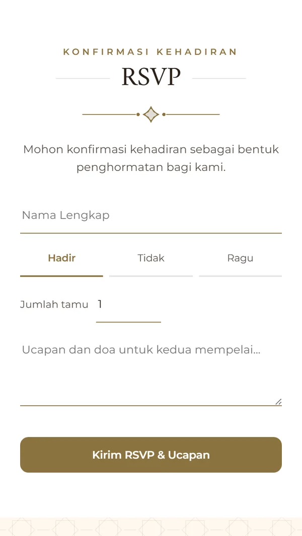Form RSVP konfirmasi kehadiran dan ucapan di undangan digital tema Dome of Light