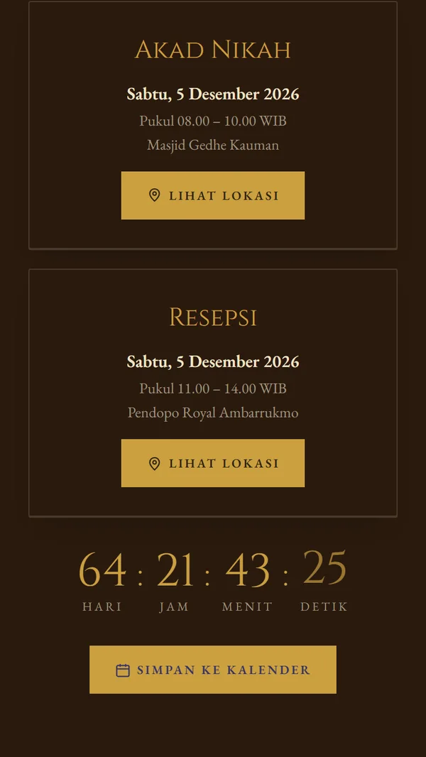 Jadwal akad dan resepsi beserta hitung mundur di undangan digital tema Javanese Elegance