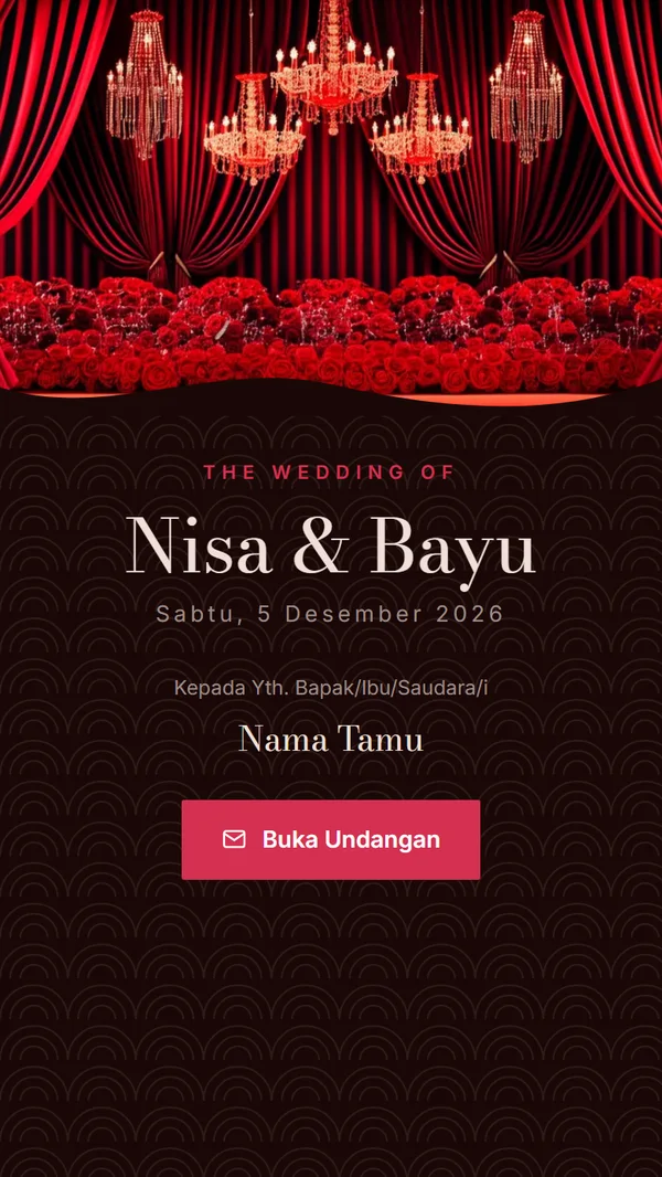 Halaman pembuka undangan digital tema Ruby Royale dengan nama tamu dan tombol Buka Undangan