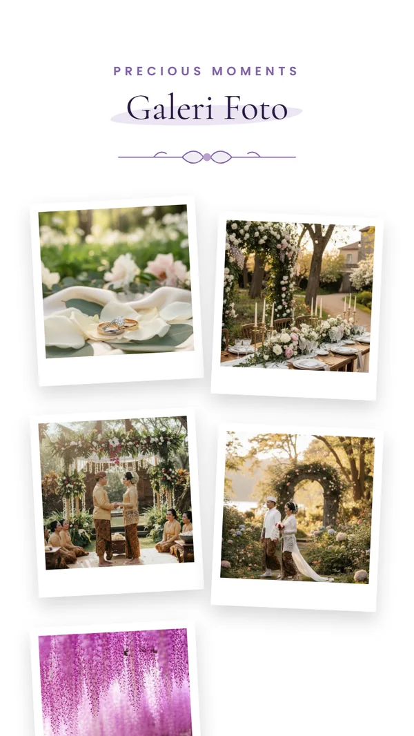 Galeri foto bergaya polaroid di undangan digital tema Wisteria Dream