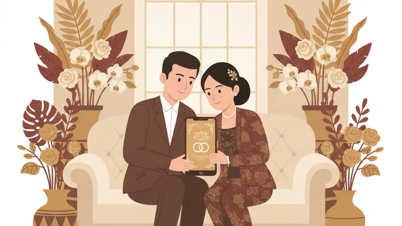Ilustrasi pasangan sedang melihat undangan digital di ponsel