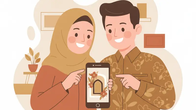 Pengantin melihat undangan digital di tablet