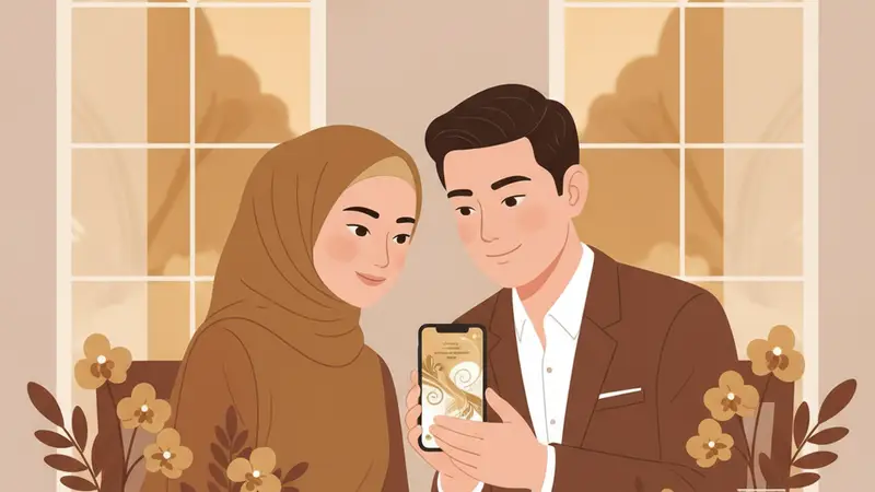 Pasangan pengantin sedang melihat undangan digital di laptop